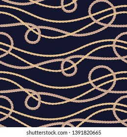 Twisted rope seamless pattern on dark background. Nautical ornament. Vector illustration of cords with loops in cartoon flat simple style.