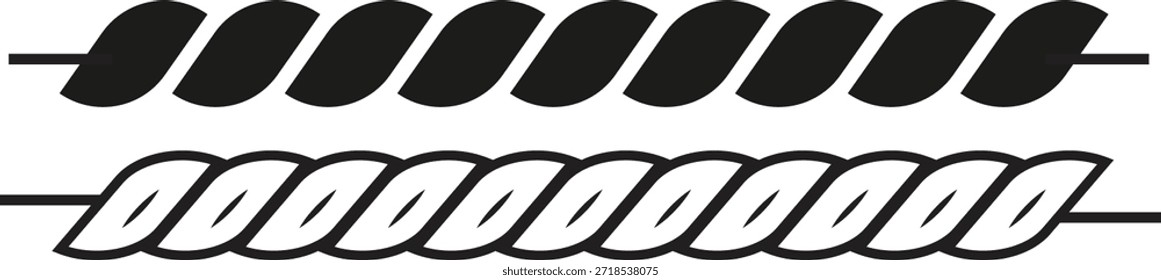 Twisted rope vector illustration with bold braided texture and clean monochrome outline, suitable for nautical designs, maritime branding, sailing graphics, decorative borders, industrial themes, vintage style layouts, logos, posters, packaging, and versatile graphic design projects