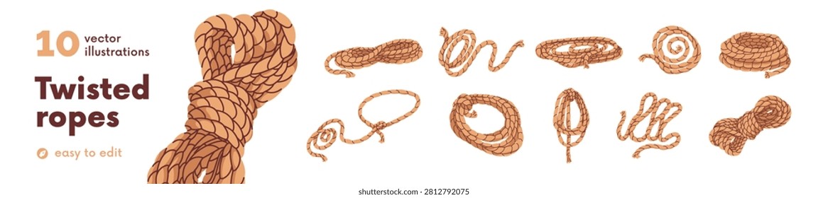 Twisted ropes, lasso strings set. Jute and hemp cords, loops, cordage from thick natural threads. Curved brown coil, noose, tied knots. Flat graphic vector illustrations isolated on white background.