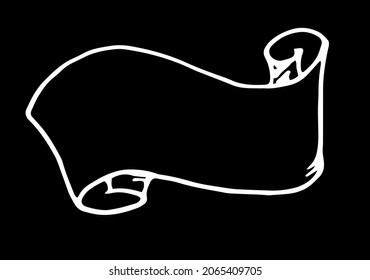 eine verdrehte Rolle. ein leeres, doodles Manuskript mit einer isolierten weißen Linie auf schwarzem Hintergrund. Vintage-Band mit Platz für Text für Text-Template-Design.
