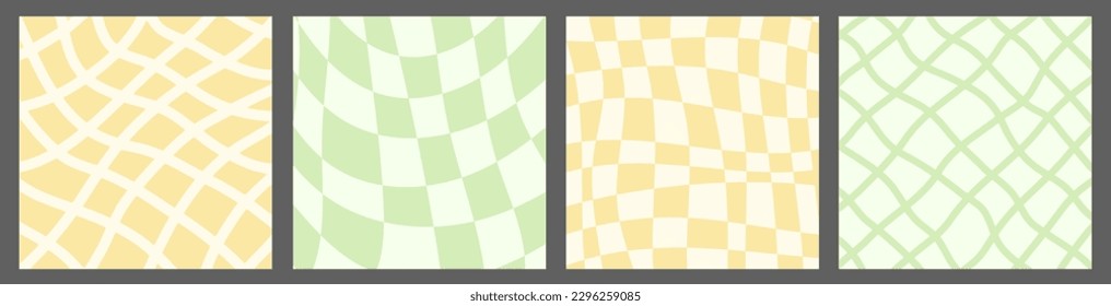 Twisted set with checkerboard and grid. Distorted retro backgrounds collection. Pastel colored groovy square templates for social media. Vector illustration