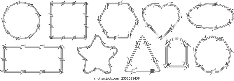 Geschwungene Silhouetten aus Stacheldraht haben eine runde, ovale, quadratische, rechteckige Form. Vektorgrafik von Stahldraht-Zaunrahmen. Konzept des Schutzes, der Gefahr oder der Sicherheit