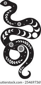 Twisted snake silhouette with leaves and flowers. Boho serpent with floral elements, decorative illustration.