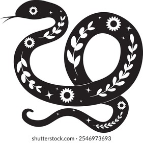 Twisted snake silhouette with leaves and flowers. Boho serpent with floral elements, decorative illustration.