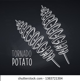 Twisted spiral chips chalkboard style. Vector tornado potato. Illustration potato fast food for design street cafe or takeaway food. Retro style.