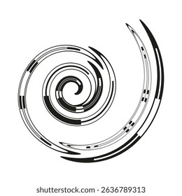 Twisted spiral form. Black white swirl. Optical illusion vector. Curved motion element.
