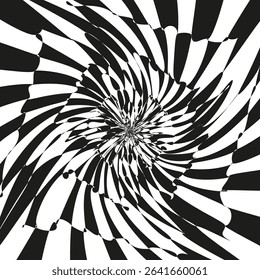 Twisted spiral illusion. Dynamic vortex vector. Hypnotic black white. Rotating swirl shape.