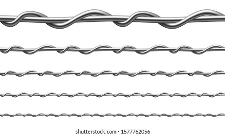 Twisted Steel Wire Seamless Pattern Set Vector. Collection Of Metallic Wire Of Gates Or Fence For Restrict Passage Of People, Vehicles And Agricultural Implements. Template Realistic 3d Illustrations