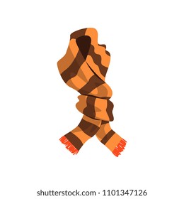 Twisted striped scarf in brown color with orange fringe on the ends. Winter accessory for women and men. Flat vector design