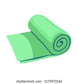 Twisted stylish bath and kitchen towel flat icon kit. Cartoon fabric hanging on hook, rolled and folded cloth vector illustration