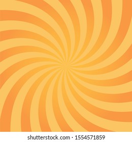 Twisted sunburst light background with sun twisting yellow ray. Abstract summer sun shine. Orange and yellow colors. Flat vector illustration