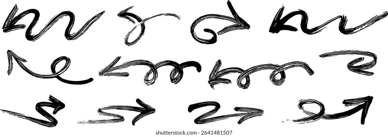 Twisted Swirl Arrows Wet Ink Brush Stroke Drawing Vector Set 