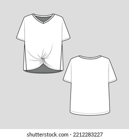 Twisted t shirt Top V Neck high low dip hem flat sketch technical drawing template