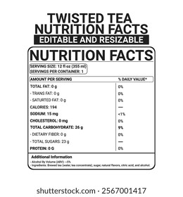 twisted tea calories 100% editable and resizable nutrition label