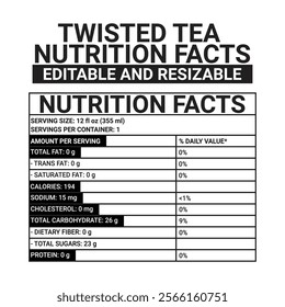 Twisted Tea Nutrition Facts 100% Editable and Resizable file easy to edit and use