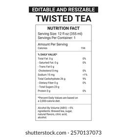 twisted tea nutrition facts with 100% editable and resizable file, twisted tea calories half and half