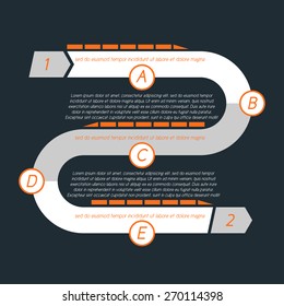 Twisted timeline with separate sections designated by letters. Begins and ends with a digit. Flat, clean and simple design.