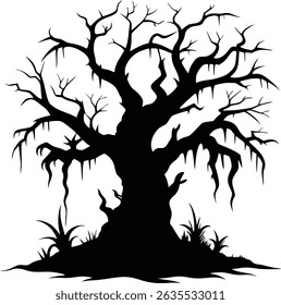 Twisted tree with hanging moss silhouette 