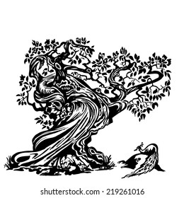 Twisted tree. Peacock. Drawing.