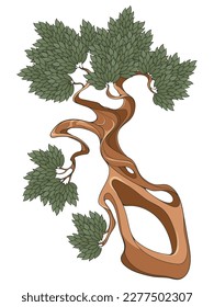 gefleckter Baumstamm mit Blättern. Bonsai. Dekoratives, handgezeichnetes Design-Element. EPS10 Vektorgrafik