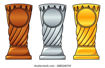 Twisted trophy in bronze, silver and golden colors. Set of three throphies for awarding tournament winners and participants. Ranking icons and symbols for championship of sports with copy space