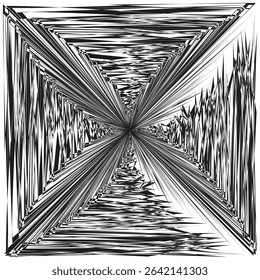 Twisted tunnel view. Symmetric black illusion. Optical depth frame. Vector abstract shape.