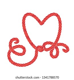 Twisted vector rope heart icon or cordage love symbol with loops isolated. Decorative red twisted jute twine lines