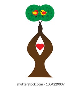 Twisted vector tree with two kissing cute birds and heart