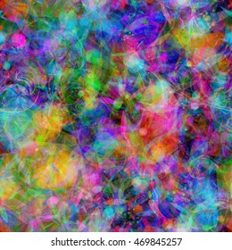 Twisted wavy lines, polygons, stylized leaves and petals are randomly mixed. Colorful abstract seamless background. Artistic vector pattern.
