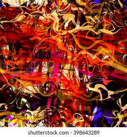 Twisted wavy lines, spots and scratches. Red, black, white, blue. Seamless vector pattern. Abstract background. Easy editing.
