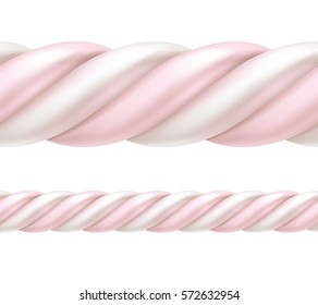 Twisted white and pink marshmallow border. Seamless horizontal sweets pattern. Vector illustration.