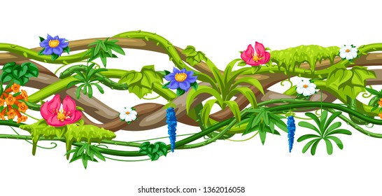 Twisted wild liana branch seamless pattern. Jungle vines plant. Woody natural tropical rainforest.
