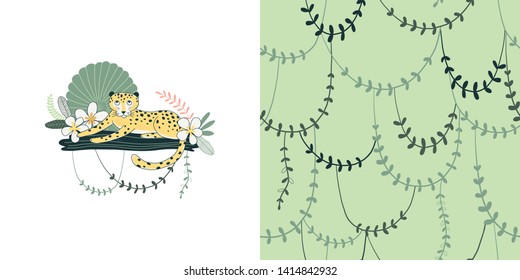 Twisted wild liana branches vector color pattern. Lying guepard hand drawn illustration. Rainforest, flora and fauna. Tropical leaves and flowers. Decorative textile, wallpaper, t-shirt print