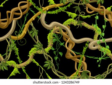 Twisted wild lianas seamless pattern. Jungle vines plants. Woody natural tropical rainforest.