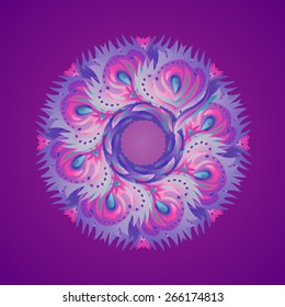 Twisted winding circular fluffy muted pattern on bright purple contrasting background.