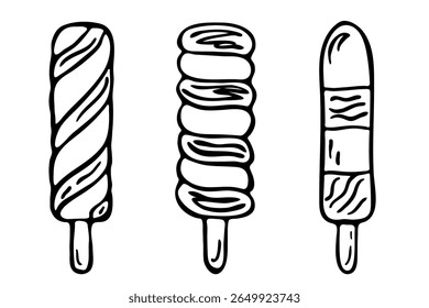 Sorvete twister ou espiral gelado lolly em uma vara, mão desenhada doodle isolado no branco. Linha preta e branca desenhando esboço de espiral de fruta de gelo listrado. Clipart de vetor para design gráfico e impressão.