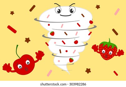 twister tornado cartoon whipped cream with cherry and strawberry funny vector illustration