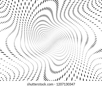 Twistes Wavy dotted lines background. Pattern of dots, dotted lines, circles of different scale. Digital Gradient. Pop-art style. Grunge Backdrop. Modern futuristic Abstract panel. Vector illustration