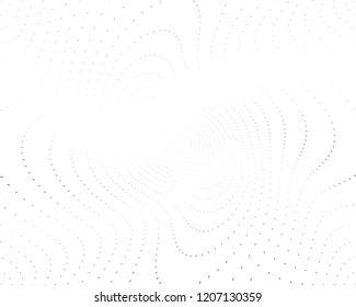 Twistes Wavy dotted lines background. Pattern of dots, dotted lines, circles of different scale. Digital Gradient. Pop-art style. Grunge Backdrop. Modern futuristic Abstract panel. Vector illustration
