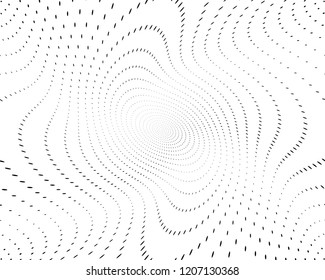 Twistes Wavy dotted lines background. Pattern of dots, dotted lines, circles of different scale. Digital Gradient. Pop-art style. Grunge Backdrop. Modern futuristic Abstract panel. Vector illustration