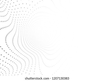 Twistes Wavy dotted lines background. Pattern of dots, dotted lines, circles of different scale. Digital Gradient. Pop-art style. Grunge Backdrop. Modern futuristic Abstract panel. Vector illustration