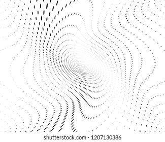 Twistes Wavy dotted lines background. Pattern of dots, dotted lines, circles of different scale. Digital Gradient. Pop-art style. Grunge Backdrop. Modern futuristic Abstract panel. Vector illustration
