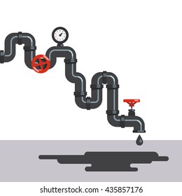 Twisting crude oil pipe line with gauge and valves. Petroleum fuel dripping from pipeline tap. Flat style vector illustration clipart.