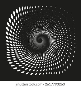 Twisting dot spiral. Halftone circle pattern. Optical swirl motion. Black background vector.
