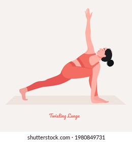 Twisting Lunge Yoga pose. Young woman practicing yoga  exercise. Woman workout fitness, aerobic and exercises. Vector Illustration.