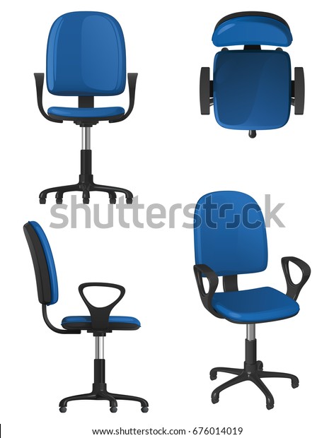 白い背景に青の室内座と背もたれを持つ 車輪の上に回転するオフィスチェア 正面図 側面図 平面図 一般図 のベクター画像素材 ロイヤリティフリー