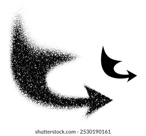 A twisting right arrow transitioning from scattered dots to a solid black shape, symbolizing dynamic movement and direction. Vector illustration.