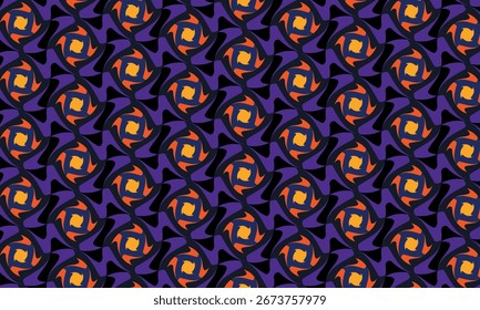 Twisting squares abstract seamless vector pattern. Bright geometric ornament in purple, black, blue, orange for textile, fabric, interior, ceramic, wallpaper, paper decoration