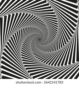 Twisting stripe illusion. Black white vortex. Curved vector lines. Spiral motion shape.