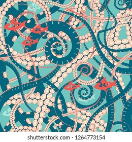 twisting tentacles of an octopus, marine life, octopus and fish seamless vector pattern